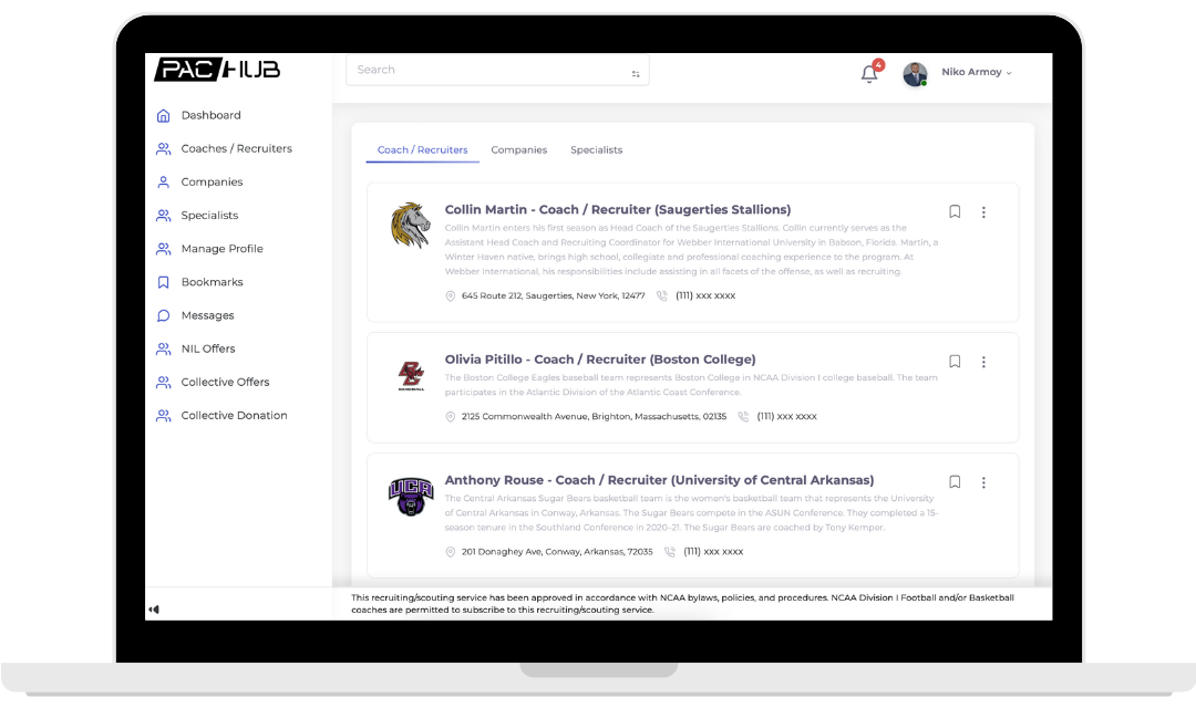 Coach Listings on PAC-Hub